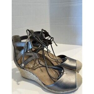 Vionic Aruba Calypso Lace Up Espadrille Wedge Leather Sandals Women Size 6 Gray